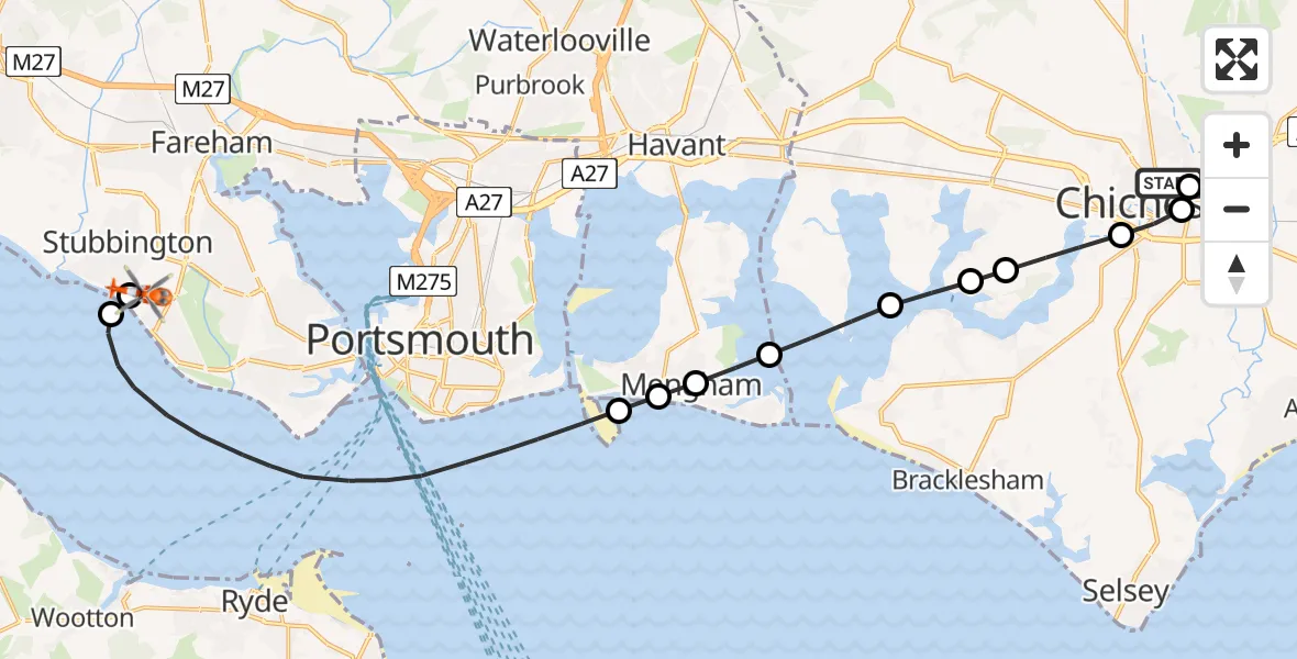 Flight route Coastguard Helicopter Chichester - Solent Airport, 09 May 2026, 12:34