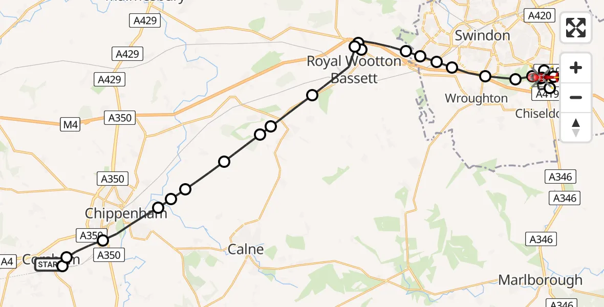 Flight route Air Ambulance Helicopter Corsham - Great Western Hospital, 09 May 2026, 12:37
