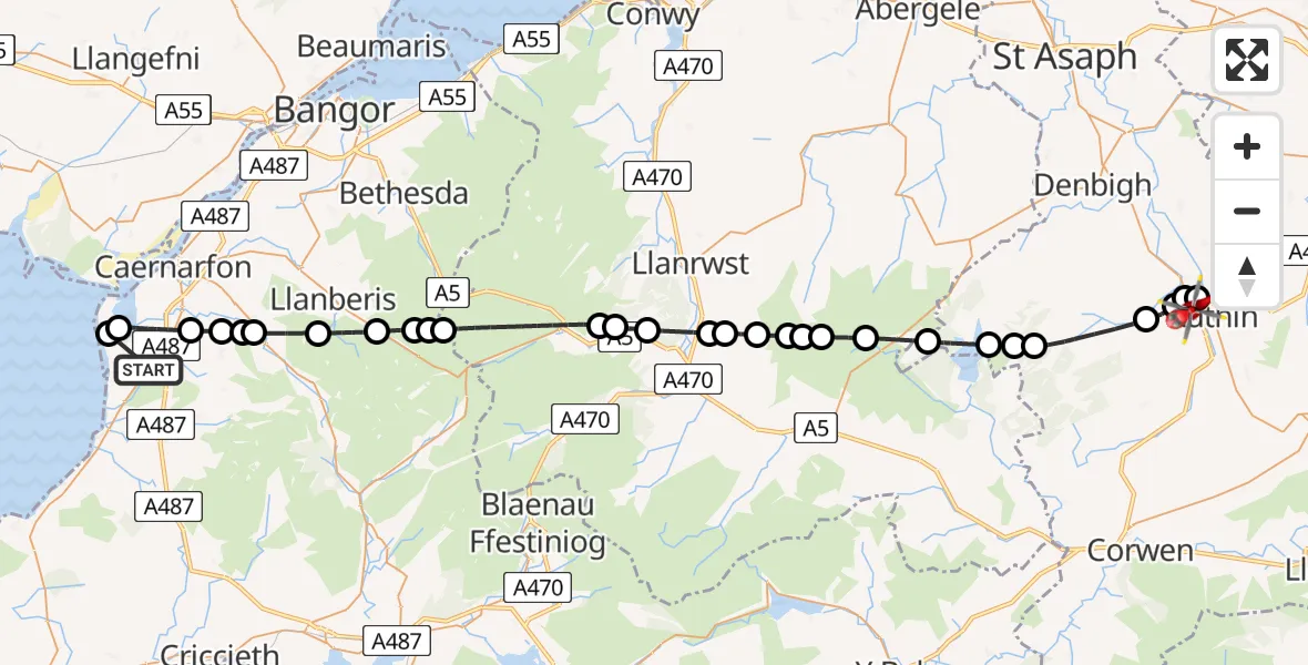Flight route Air Ambulance Helicopter Y Groeslon - Llanfwrog, 09 May 2026, 12:40