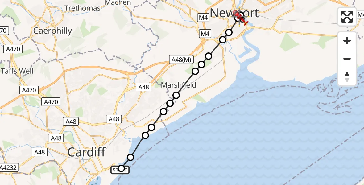 Flight route Air Ambulance Helicopter Cardiff Heliport - Pillgwenlly, 09 May 2026, 12:41