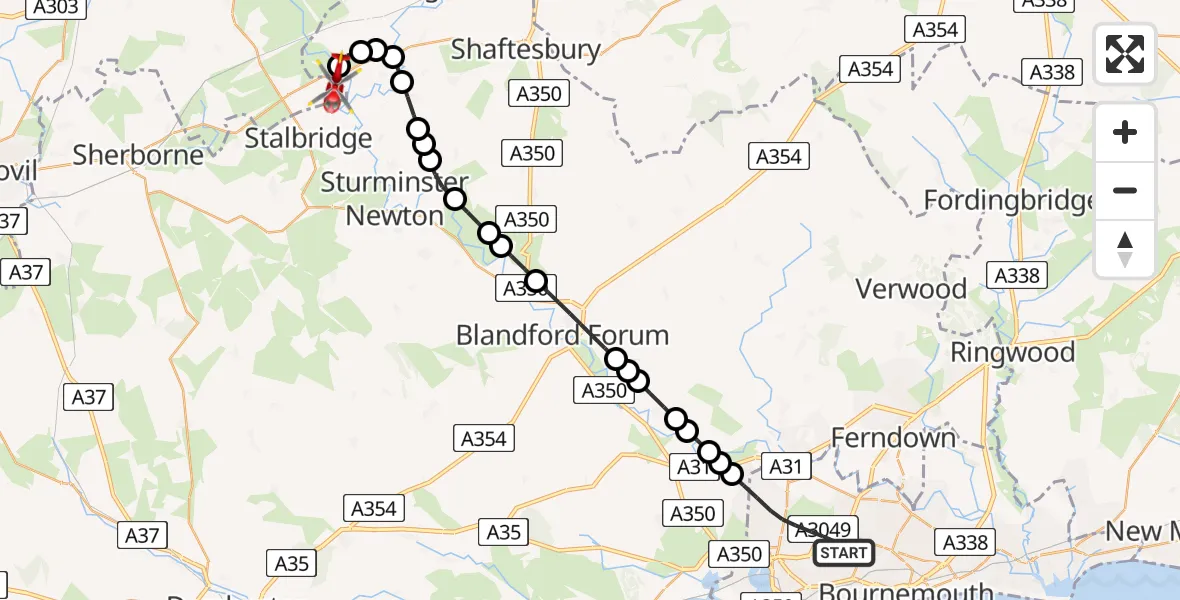 Flight route Air Ambulance Helicopter Poole - Fifehead Magdalen, 09 May 2026, 12:49