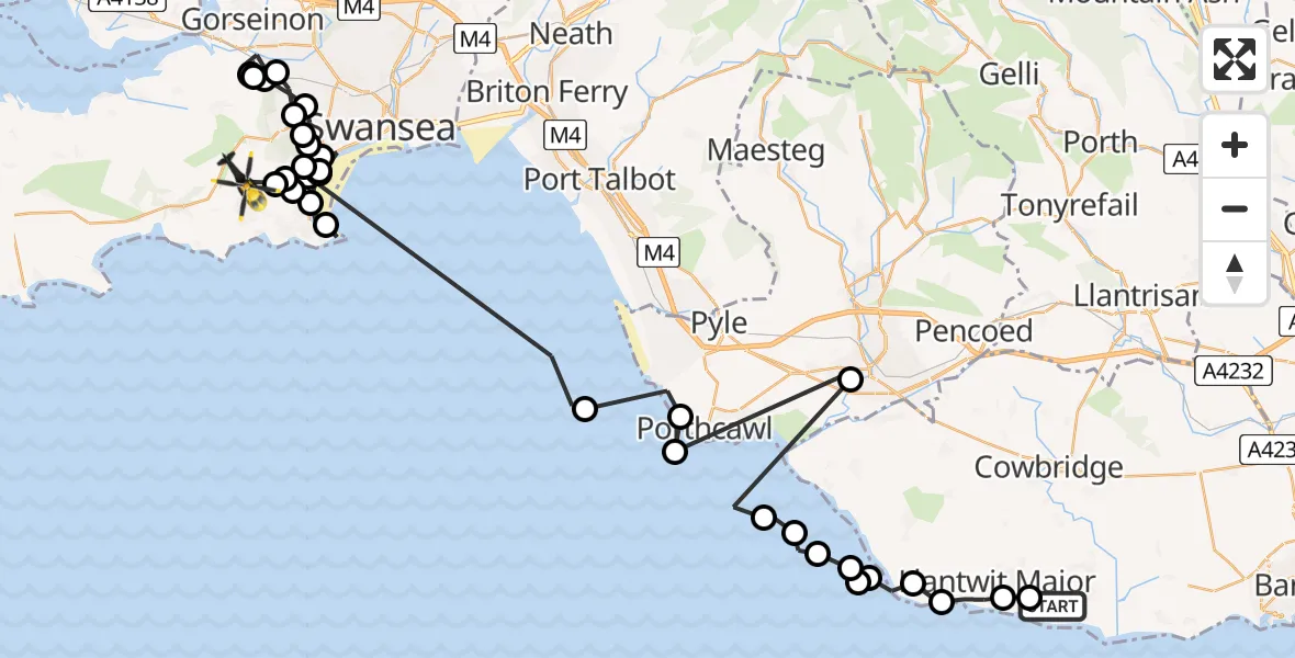 Flight route Police Helicopter MOD St Athan - Upper Killay, 09 May 2026, 12:51
