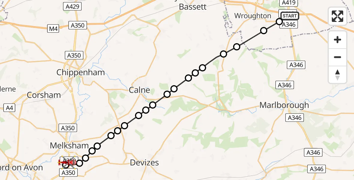 Flight route Air Ambulance Helicopter Badbury - Melksham, 09 May 2026, 12:53