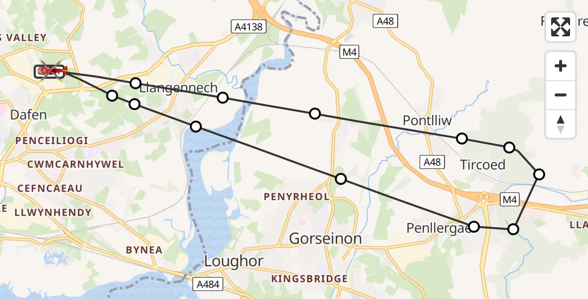 Flight route Air Ambulance Helicopter Dafen - Dafen, 09 May 2026, 13:00