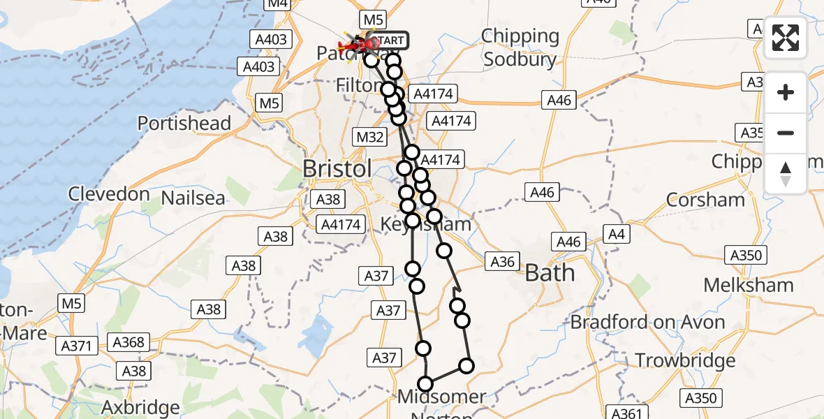 Flight route Air Ambulance Helicopter Bradley Stoke - Almondsbury, 09 May 2026, 13:02