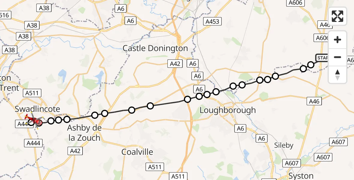 Flight route Air Ambulance Helicopter Rushcliffe - Swadlincote, 09 May 2026, 13:06