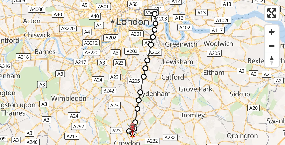Flight route Air Ambulance Helicopter Royal London Hospital - Selhurst, 09 May 2026, 13:06