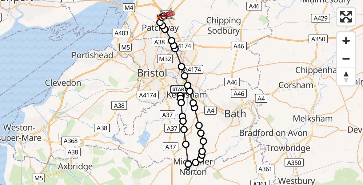 Flight route Air Ambulance Helicopter Keynsham - Almondsbury Helicopter Base, 09 May 2026, 13:06