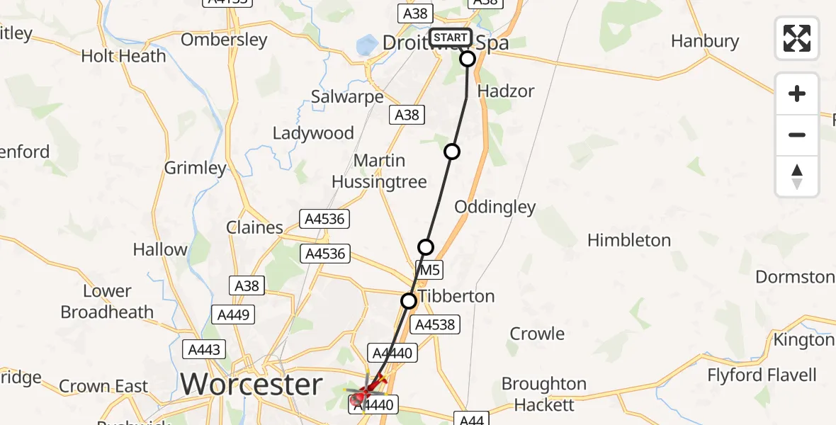 Flight route Air Ambulance Helicopter Droitwich Spa - Worcester-Royal-Hospital Heliport, 09 May 2026, 13:07