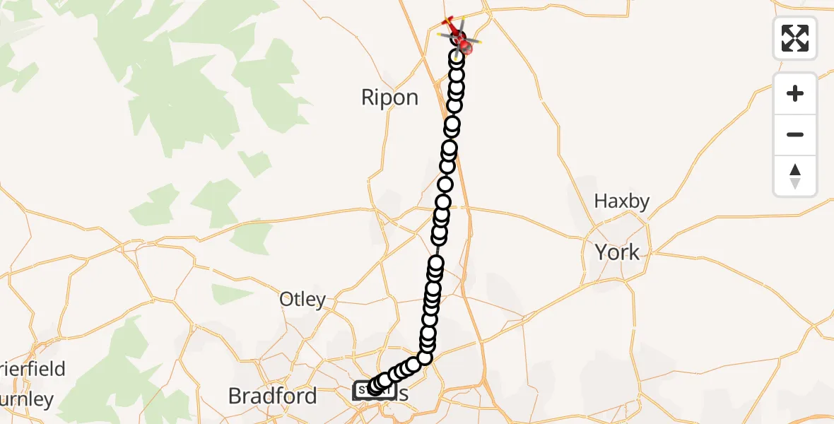 Flight route Air Ambulance Helicopter Woodhouse - RAF Topcliffe, 09 May 2026, 13:08