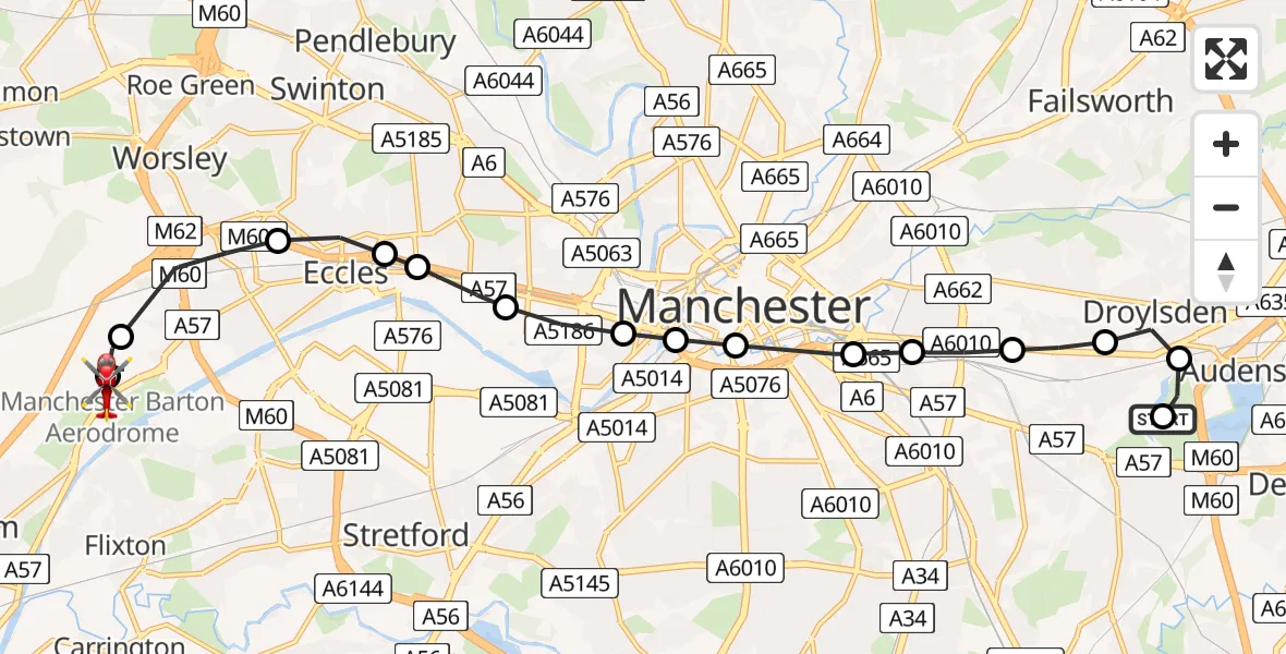 Flight route Air Ambulance Helicopter Fairfield Golf Course - Manchester Barton Aerodrome, 09 May 2026, 13:13