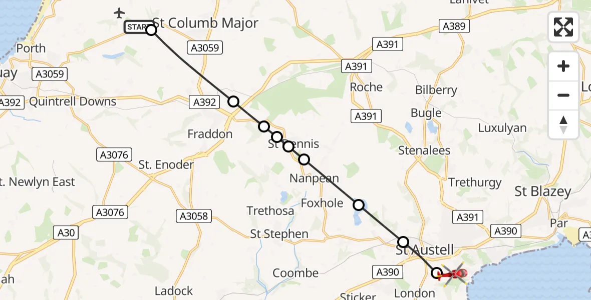 Flight route Air Ambulance Helicopter Cornwall Airport Newquay - London Apprentice, 09 May 2026, 13:15