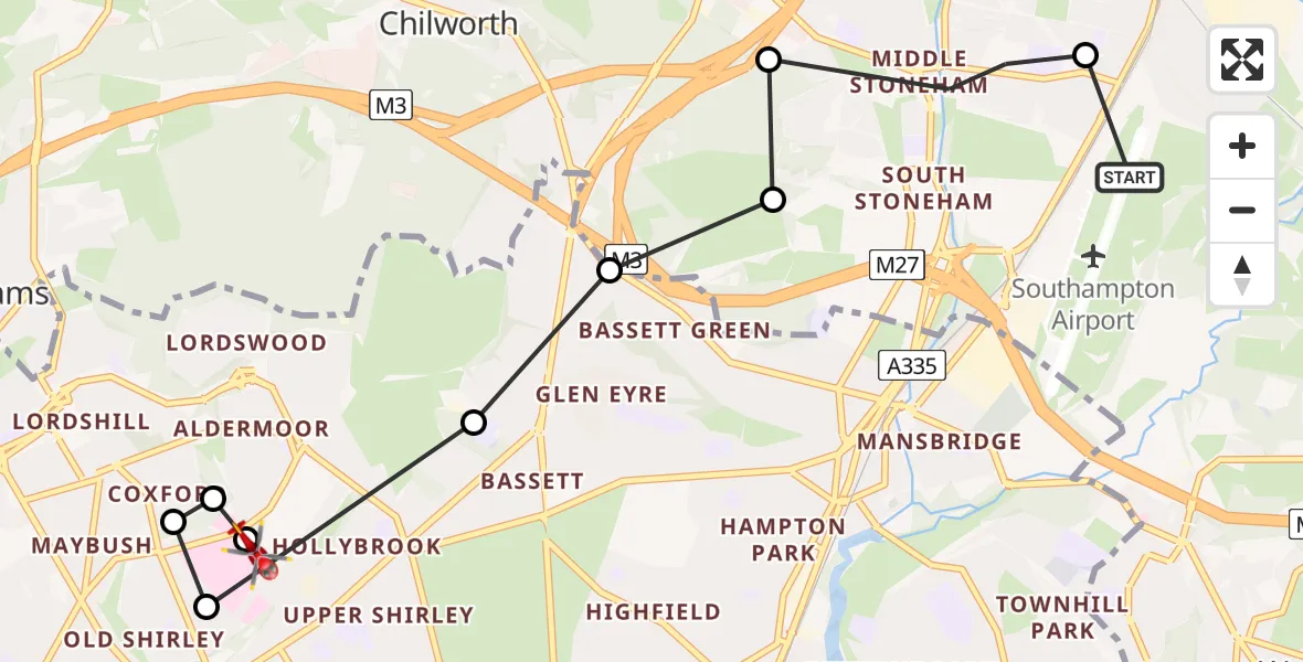 Flight route Air Ambulance Helicopter Southampton Airport - University Hospital Southampton, 09 May 2026, 13:27