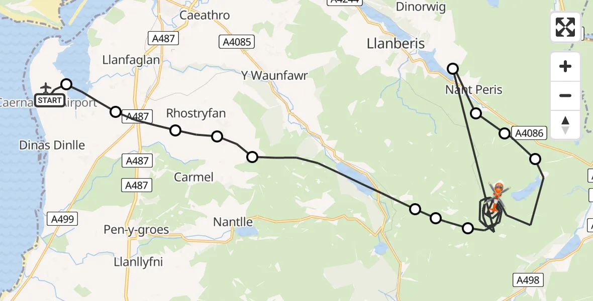 Flight route Coastguard Helicopter Caernarfon Airport - Beddgelert, 09 May 2026, 13:34