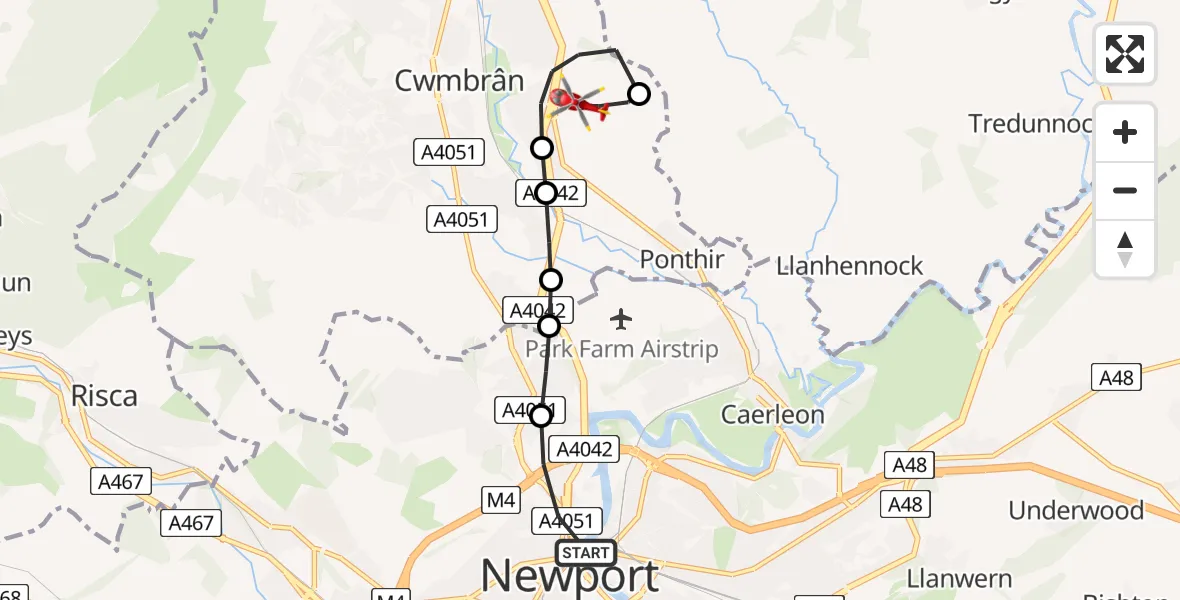 Flight route Air Ambulance Helicopter Crindau - Ponthir, 09 May 2026, 13:38