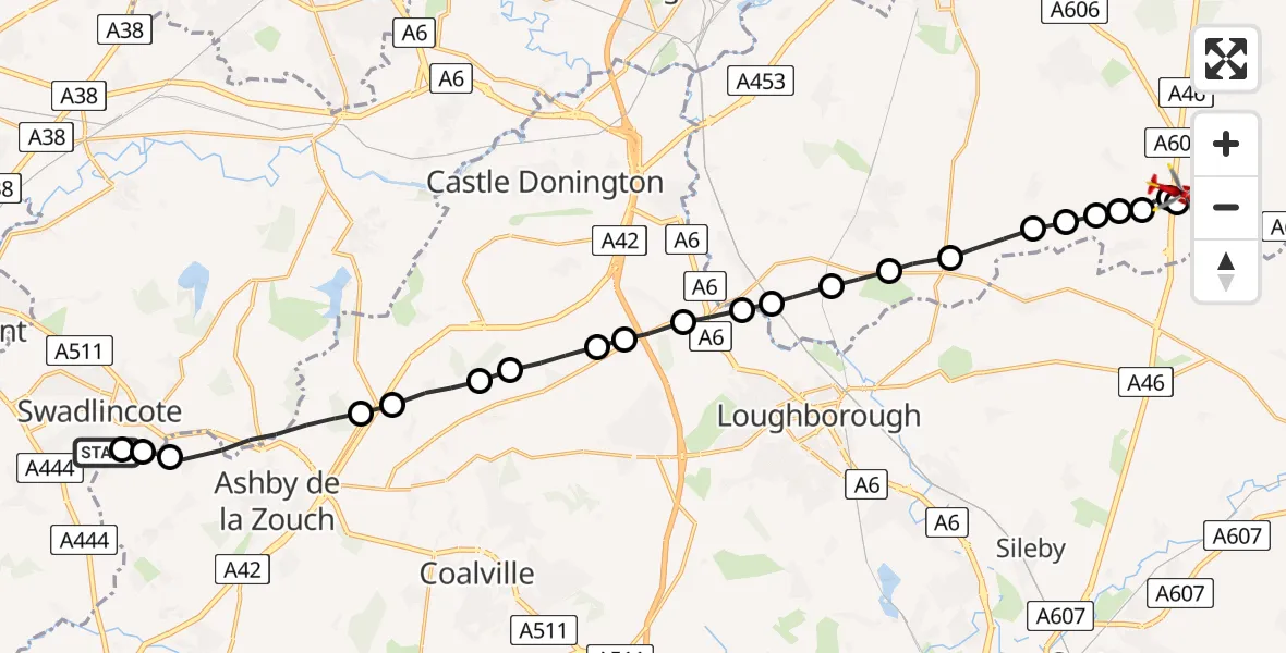 Flight route Air Ambulance Helicopter Albert Village - Nottingham Heliport, 09 May 2026, 13:39