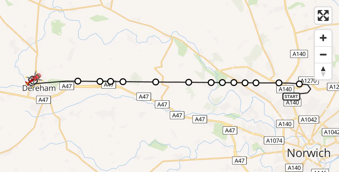 Flight route Air Ambulance Helicopter Norwich Airport - Dereham, 09 May 2026, 13:40