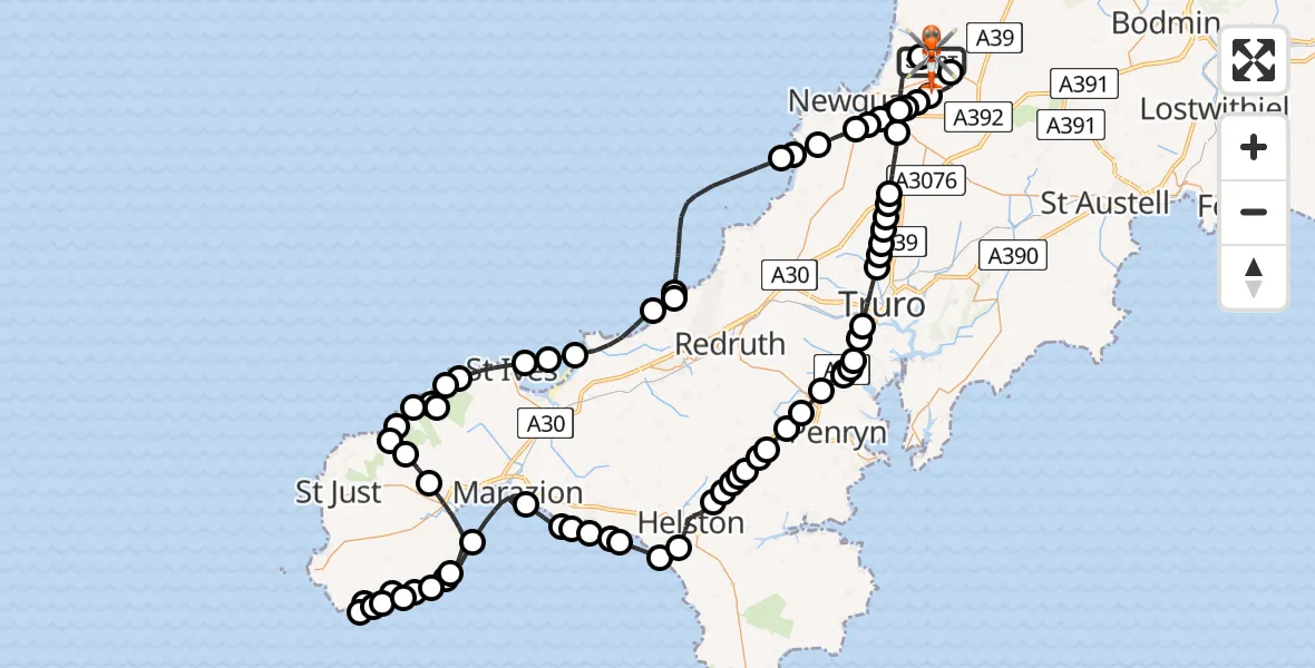 Flight route Coastguard Helicopter Cornwall Airport Newquay - Cornwall Airport Newquay, 09 May 2026, 13:42