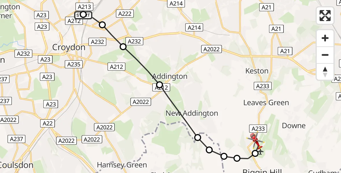 Flight route Air Ambulance Helicopter Selhurst - London Biggin Hill Airport, 09 May 2026, 13:48