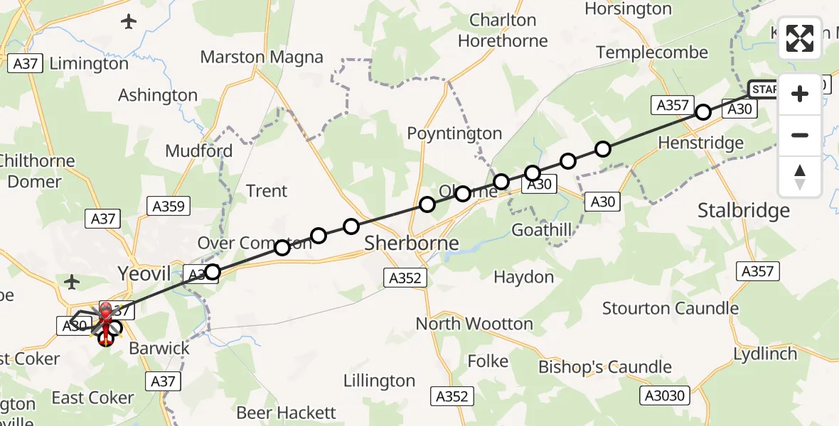 Flight route Air Ambulance Helicopter Kington Magna - Yeovil, 09 May 2026, 13:49