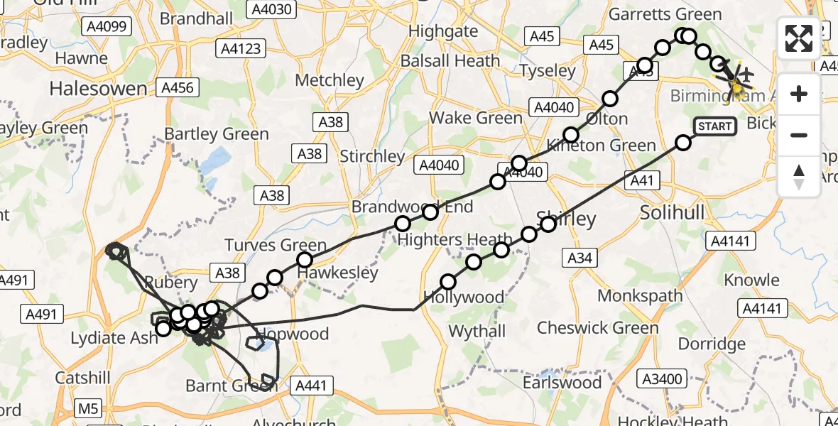 Flight route Police Helicopter Solihull - Birmingham Airport, 09 May 2026, 13:54