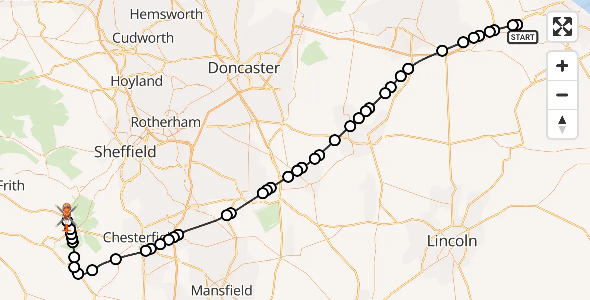 Flight route Coastguard Helicopter Humberside Airport - Calver CP, 09 May 2026, 13:55