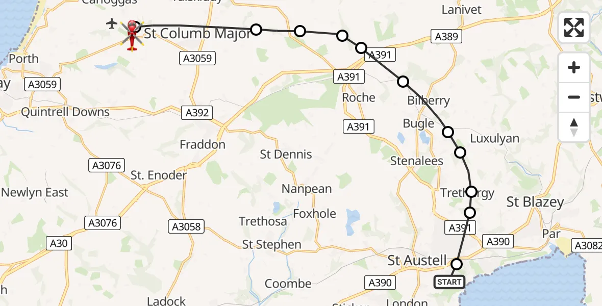 Flight route Air Ambulance Helicopter Charlestown - Cornwall Airport Newquay, 09 May 2026, 13:56
