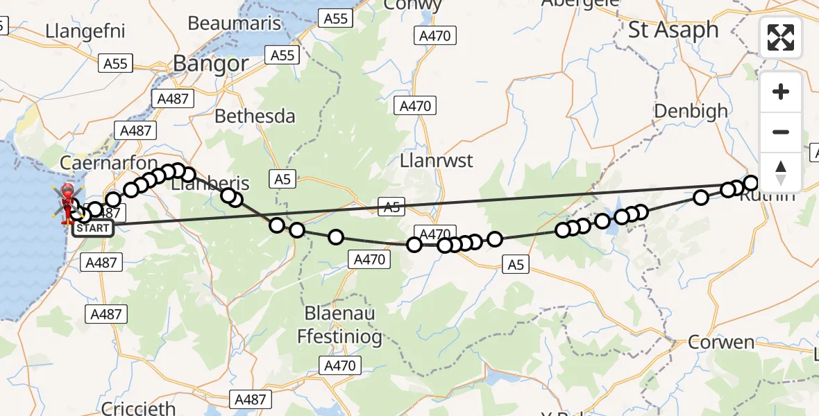 Flight route Air Ambulance Helicopter Y Groeslon - Caernarfon Airport, 09 May 2026, 14:04