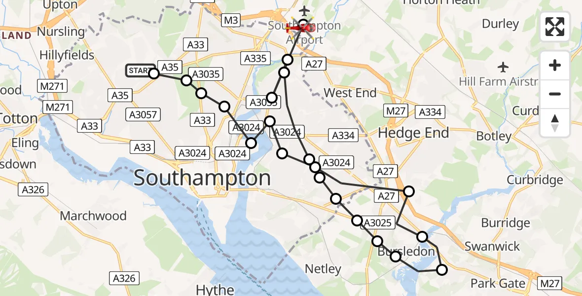 Flight route Air Ambulance Helicopter University Hospital Southampton - Southampton Airport, 09 May 2026, 14:07