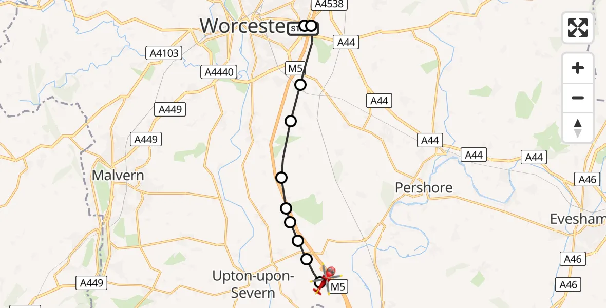 Flight route Air Ambulance Helicopter Worcester Royal Hospital - Upper Strensham, 09 May 2026, 14:09