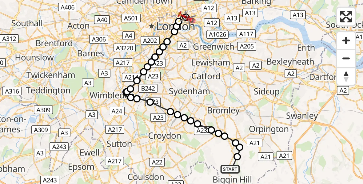 Flight route Air Ambulance Helicopter London Biggin Hill Airport - Royal London Hospital, 09 May 2026, 14:14
