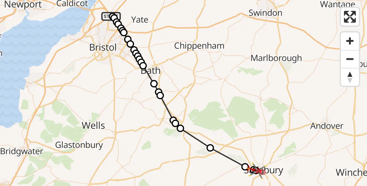 Flight route Air Ambulance Helicopter Almondsbury Helicopter Base - Salisbury, 09 May 2026, 14:25
