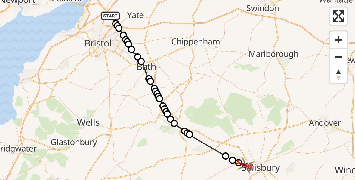 Flight route Air Ambulance Helicopter Bradley Stoke - Wilton, 09 May 2026, 14:26