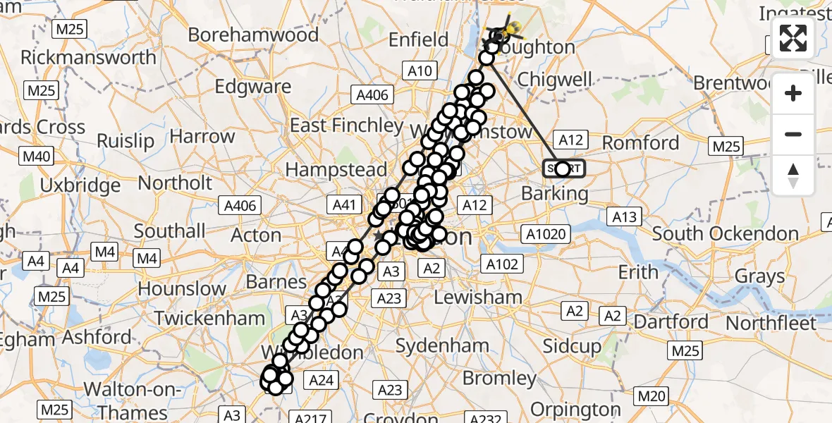 Flight route Police Helicopter Seven Kings - Metropolitan Police Air Support Unit Lippitts Hill, 09 May 2026, 14:28