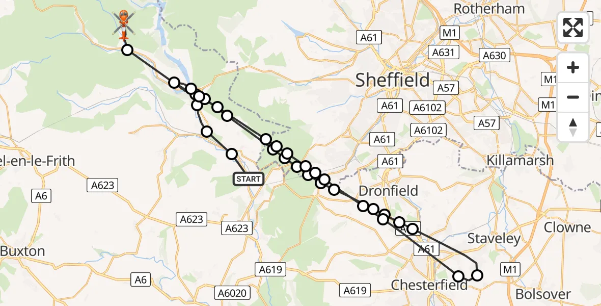Flight route Coastguard Helicopter Grindleford - High Peak, 09 May 2026, 14:36
