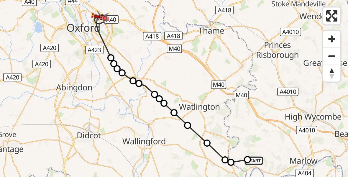 Flight route Air Ambulance Helicopter Hambleden - Oxford, 09 May 2026, 14:37