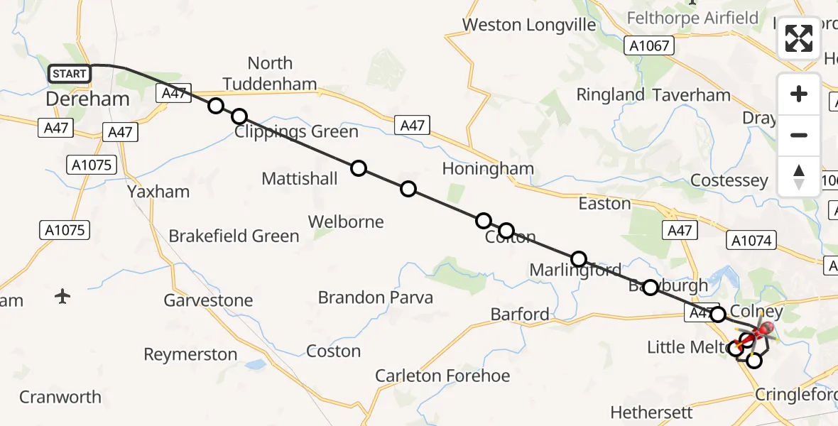 Flight route Air Ambulance Helicopter Dereham - Norfolk & Norwich Hospital, 09 May 2026, 14:46