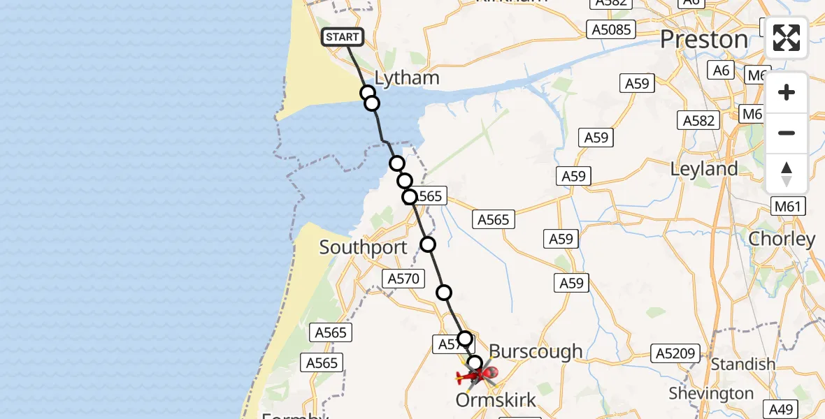 Flight route Air Ambulance Helicopter Lytham St Annes - Ormskirk, 09 May 2026, 14:46