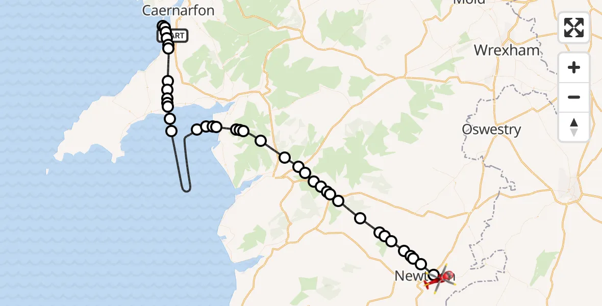 Flight route Air Ambulance Helicopter Y Groeslon - Ceri, 09 May 2026, 14:51
