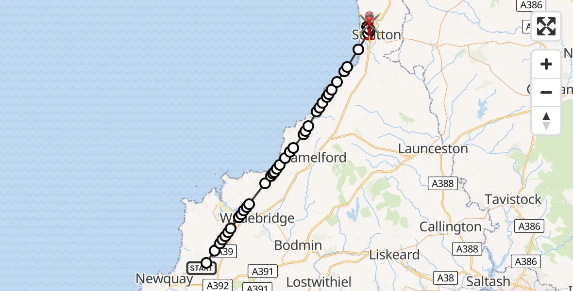 Flight route Air Ambulance Helicopter Cornwall Airport Newquay - Poughill, 09 May 2026, 14:56
