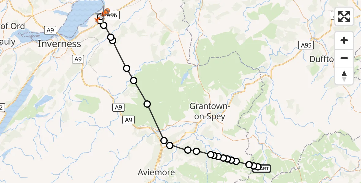 Flight route Coastguard Helicopter Torbain - Inverness Airport, 09 May 2026, 14:59
