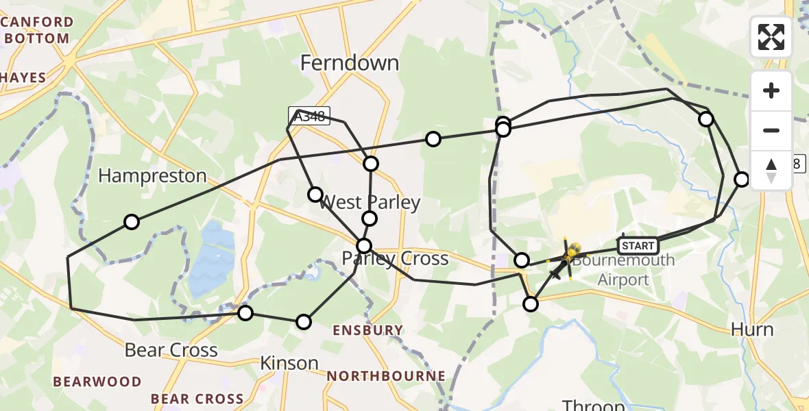 Flight route Police Helicopter Bournemouth Airport - Bournemouth Airport, 09 May 2026, 15:06