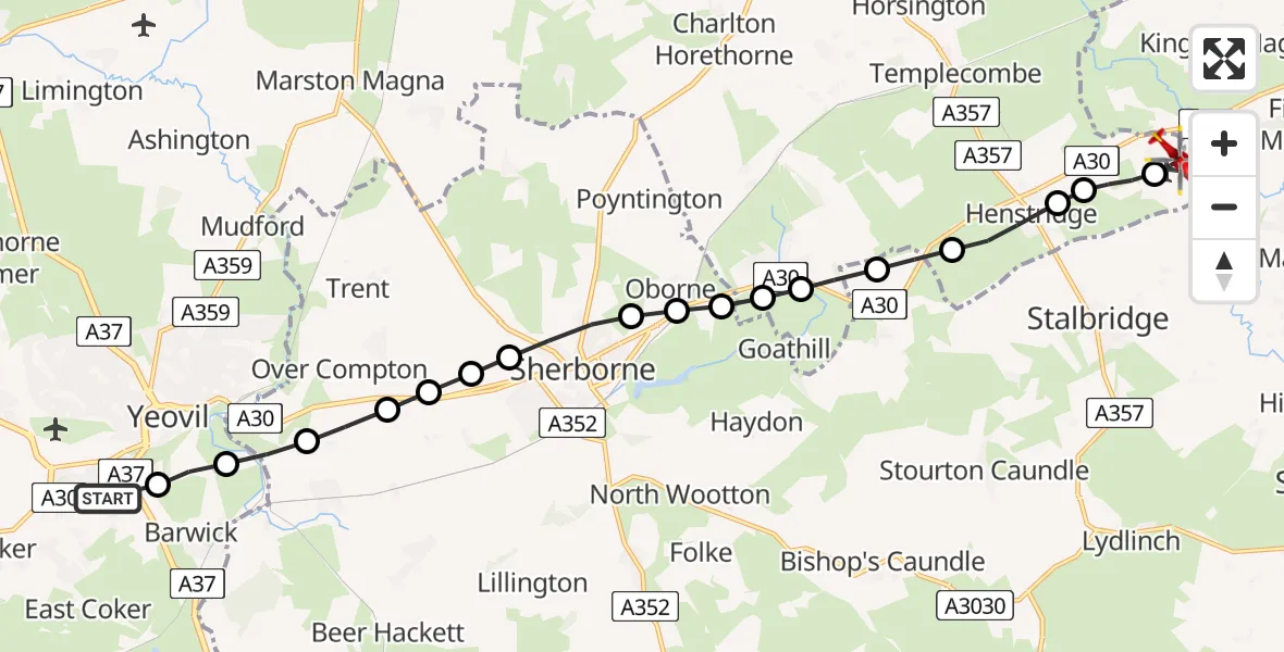Flight route Air Ambulance Helicopter Yeovil - Henstridge Airfield, 09 May 2026, 15:06