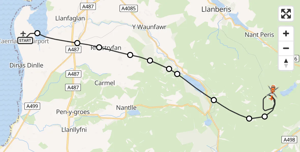 Flight route Coastguard Helicopter Caernarfon Airport - Beddgelert, 09 May 2026, 15:10