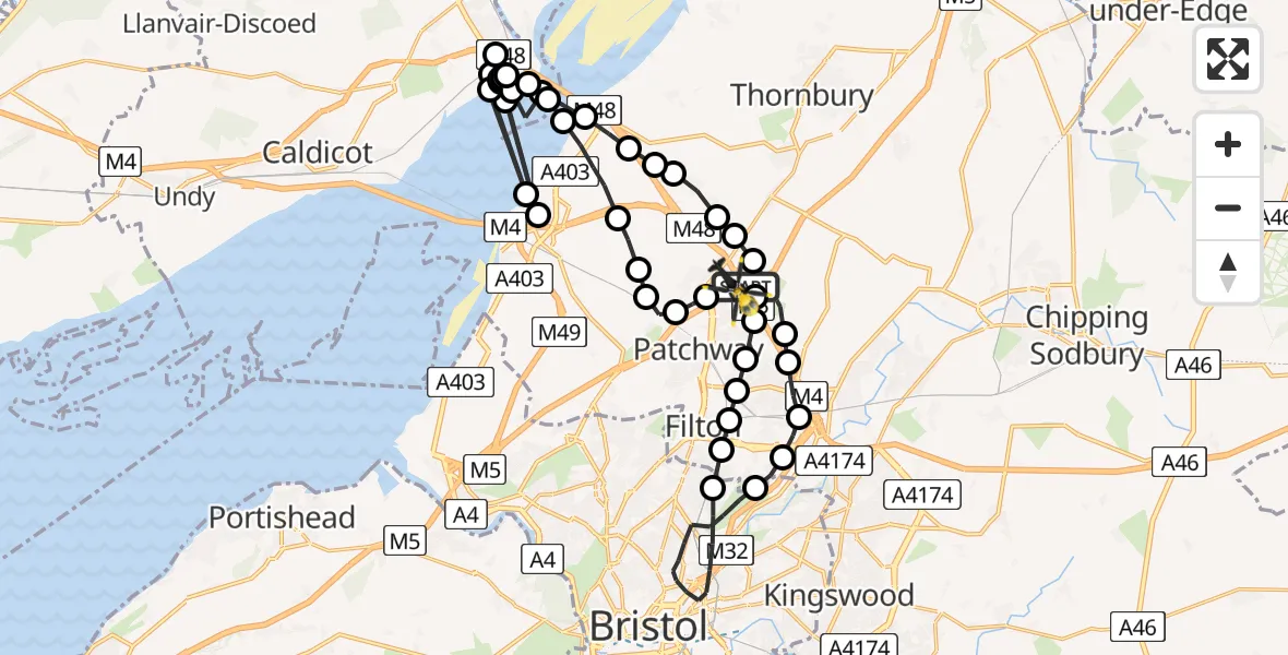 Flight route Police Helicopter Woodlands - Almondsbury Helicopter Base, 09 May 2026, 15:26