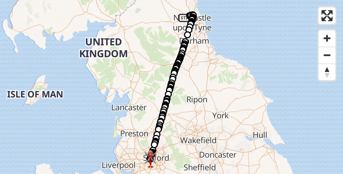 Flight route Air Ambulance Helicopter Newcastle International Airport - Manchester Barton Aerodrome, 09 May 2026, 15:26