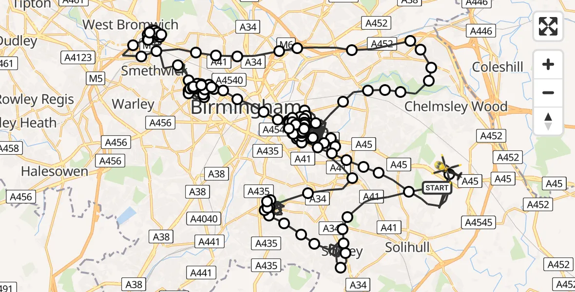 Flight route Police Helicopter Solihull - Birmingham Airport, 09 May 2026, 15:30