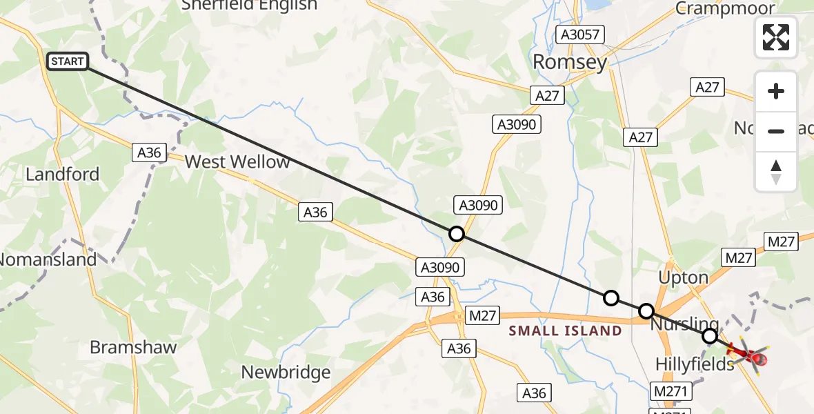 Flight route Air Ambulance Helicopter Plaitford - Maybush, 09 May 2026, 15:31