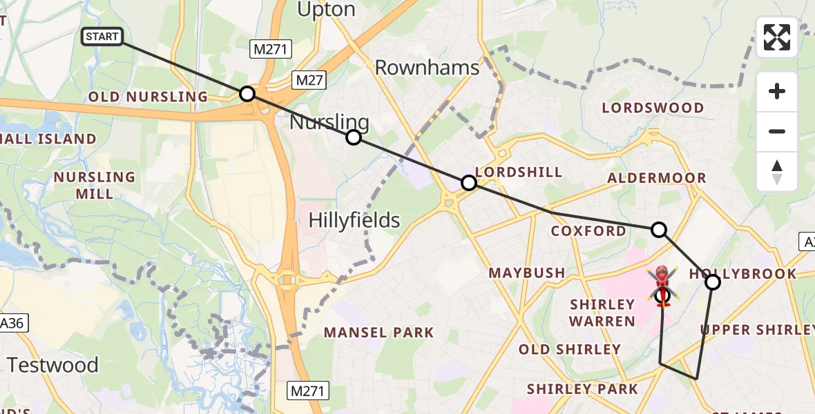Flight route Air Ambulance Helicopter Romsey - University Hospital Southampton, 09 May 2026, 15:35