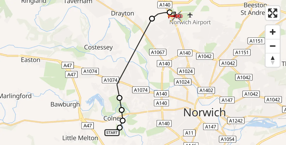 Flight route Air Ambulance Helicopter Norfolk & Norwich Hospital - Norwich Airport, 09 May 2026, 15:36